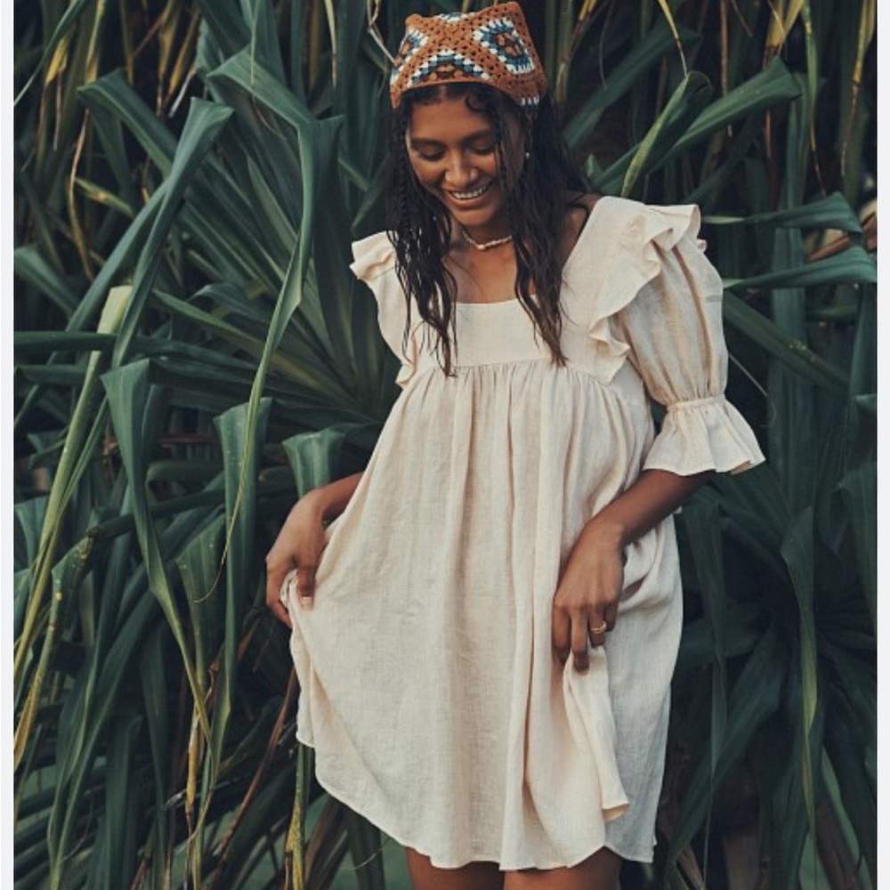 Spell Mae linen mini dress meringue romantic cottagecore natural boho S NWT